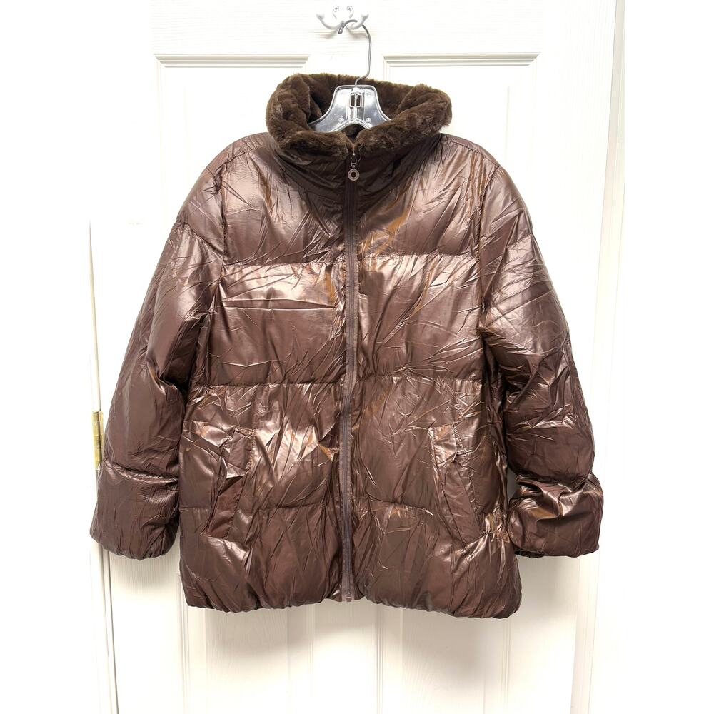 Andrew Marc New York Jacket Puffer Iridescent Brown Faux Fur Trim Coat Womens XS